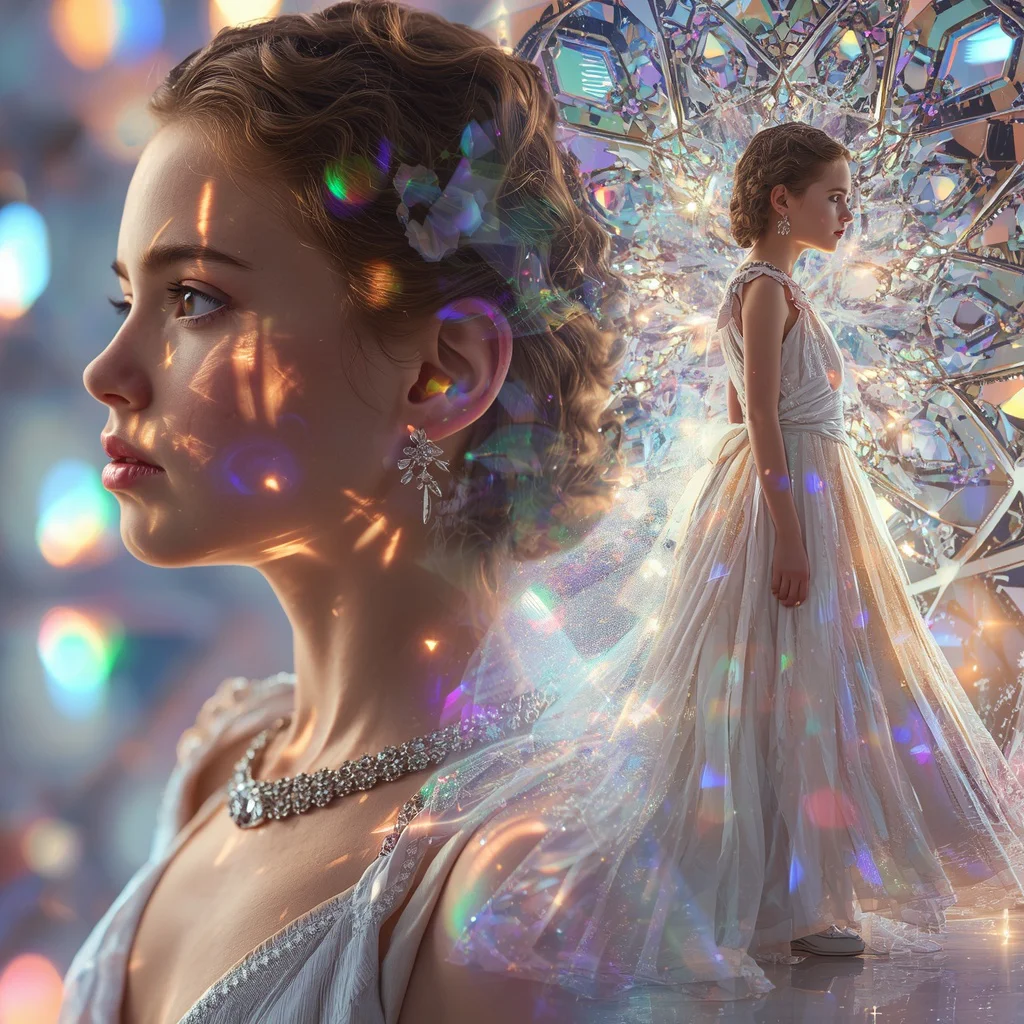 Beautiful Girl in Kaleidoscope Dream Palace Collage | Shifting Light Geometry Prompt | traditional prompt for chatgpt in english for girl — AI image prompt