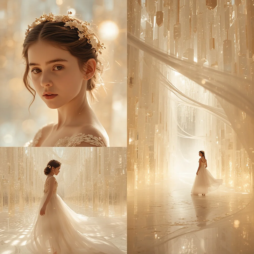 Beautiful Girl in Luminous Crystal Palace Atrium Collage | Grand Sparkling Entrance Prompt | prompt for Gemini AI girl copy and paste — AI image prompt