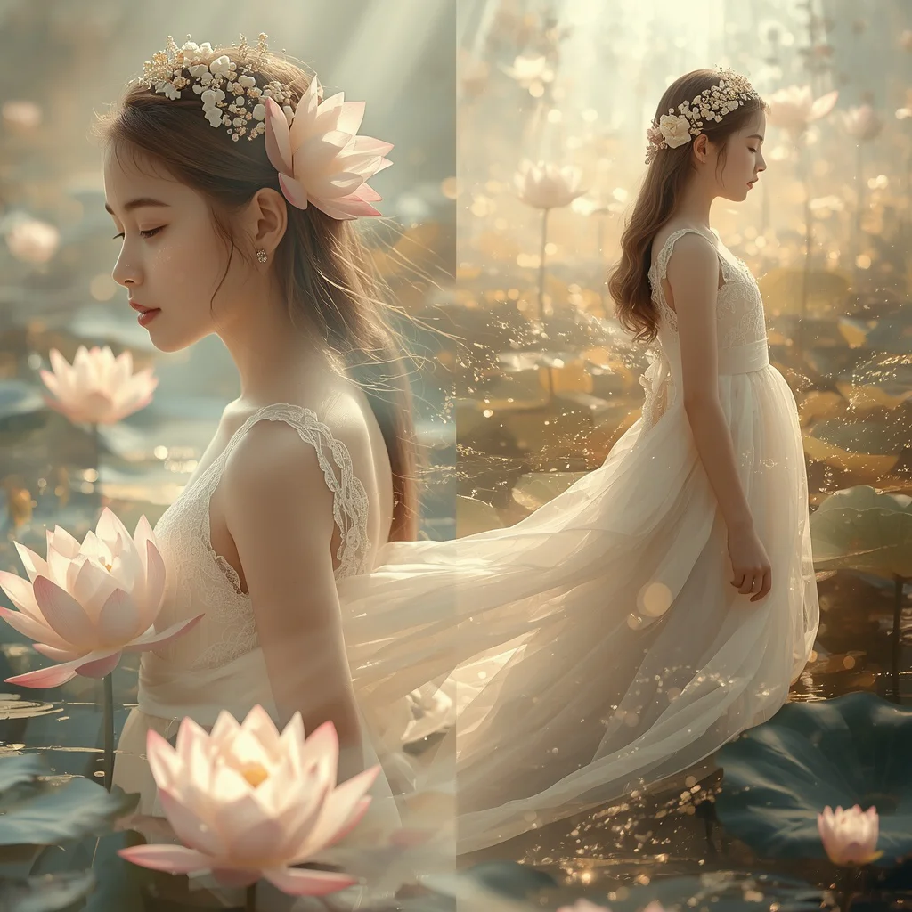 Beautiful Girl in Luminous Floating Lotus Pond Palace Collage | Tranquil Serenity Prompt | prompt seen trending girl 2026 instagram — AI image prompt