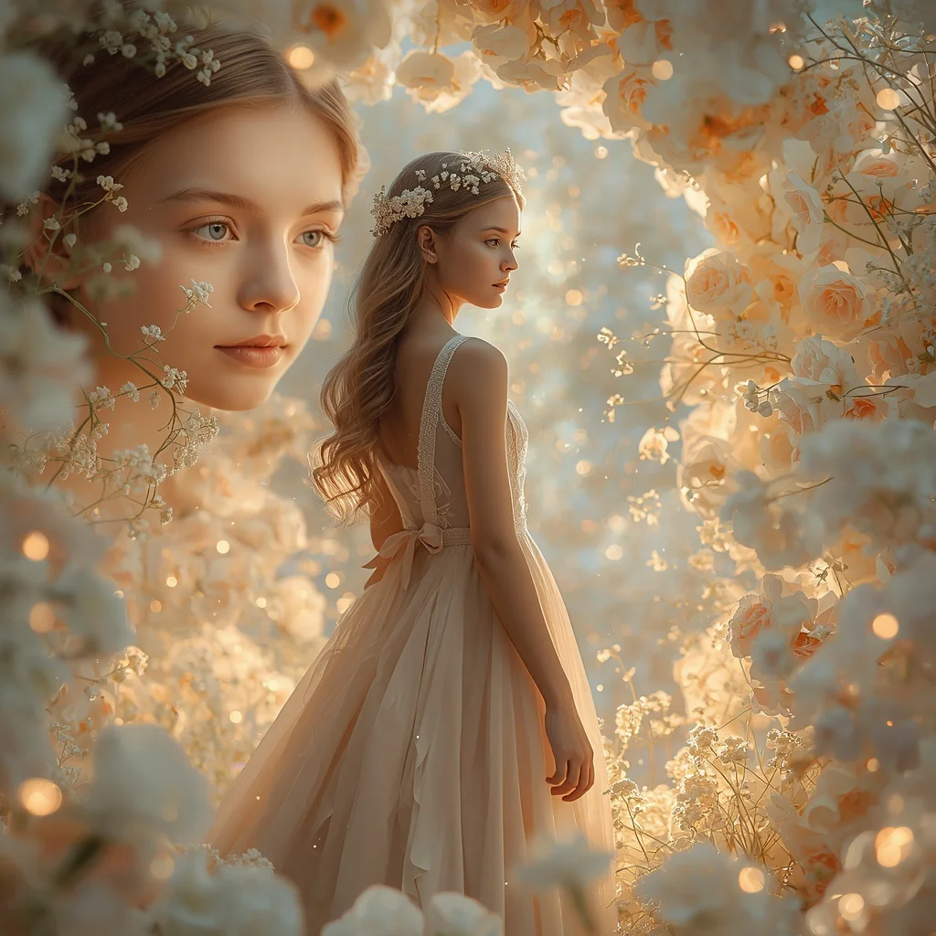 Beautiful Girl in Luminous Floral Stream Portal Collage | Botanical Gateway Prompt | prompt for gemini ai girl style trending indian — AI image prompt