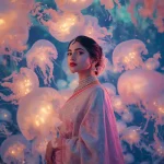 Festive Pastel Saree Pulsating Bioluminescent Jellyfish Swarm Collage Oceanic | cute prompt for girls in saree in english