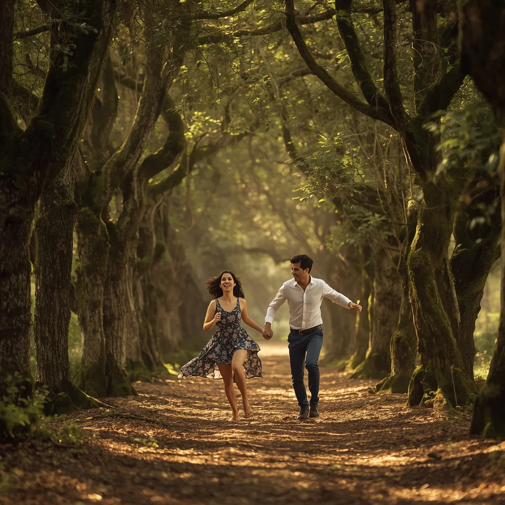 A Couple's Playful Chase Through an Ancient Forest Under a Verdant Canopy — AI image prompt