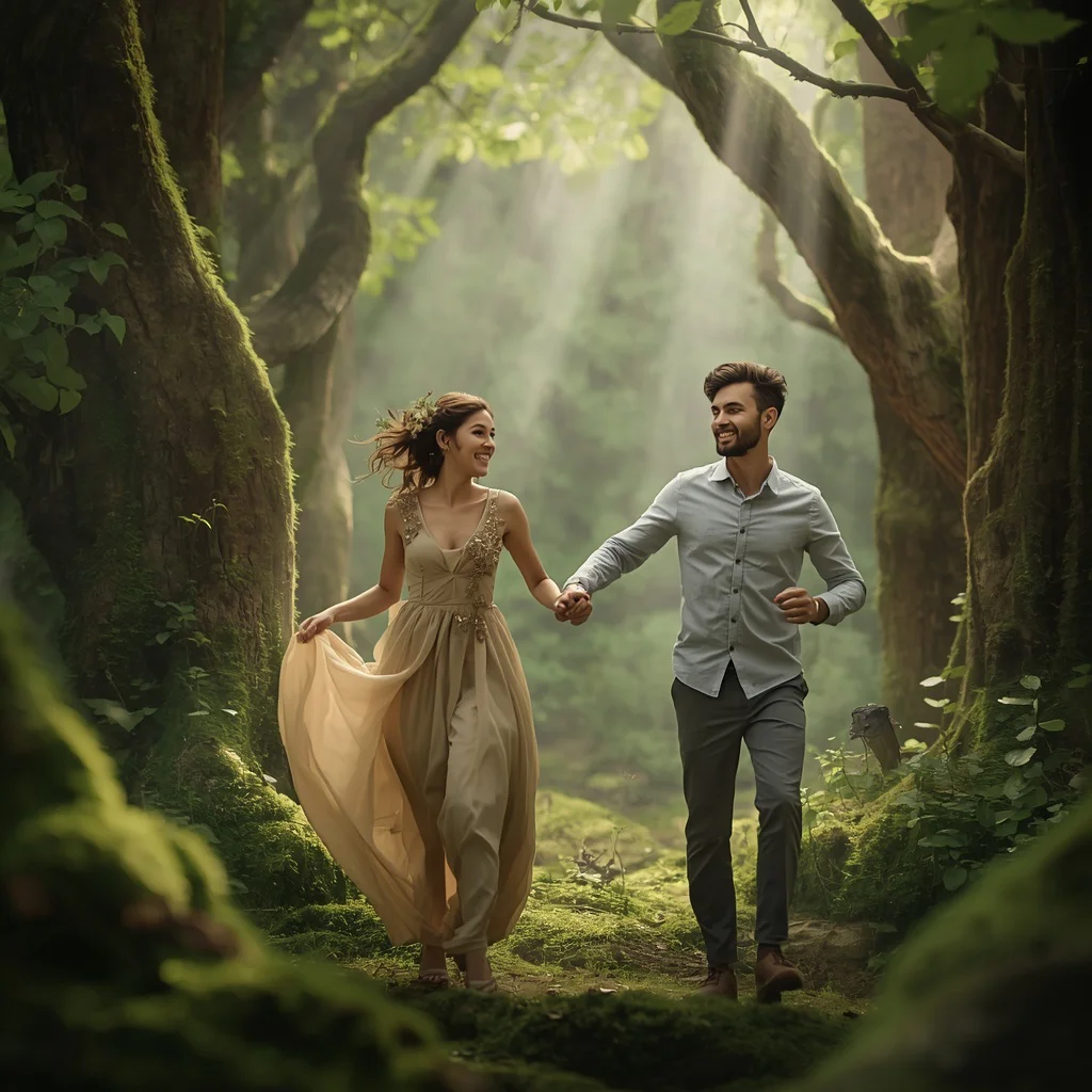 A Couple's Playful Escape Through an Enchanted Forest with Whispering Trees — AI image prompt