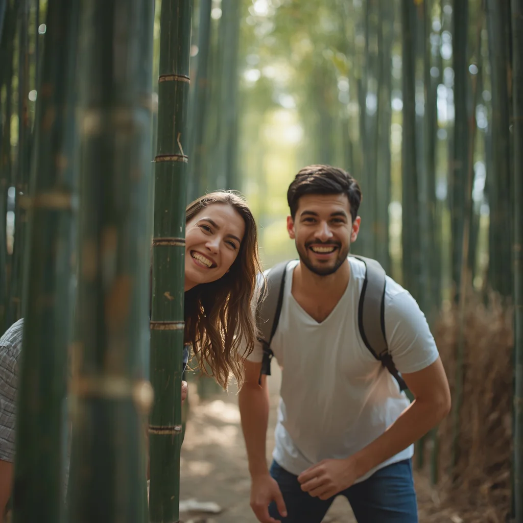 A Couple's Playful Hide-and-Seek Amidst a Dense Bamboo Forest — AI image prompt