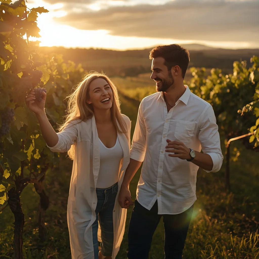 A Couple's Playful Interaction During a Vineyard Tour at Sunset — AI image prompt