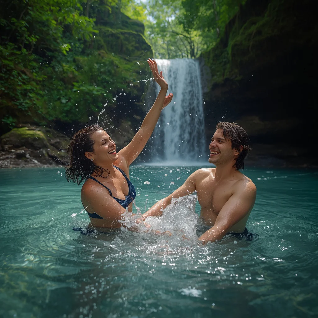 A Couple's Playful Splash in a Hidden Waterfall's Crystal-Clear Pool — AI image prompt