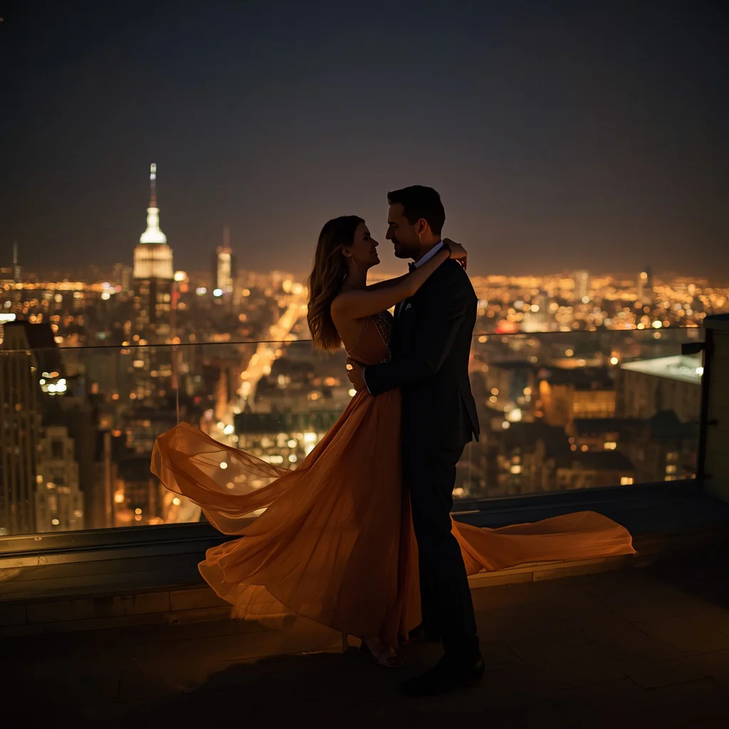 A Couple's Romantic Dance on a Rooftop Overlooking a Sparkling City — AI image prompt