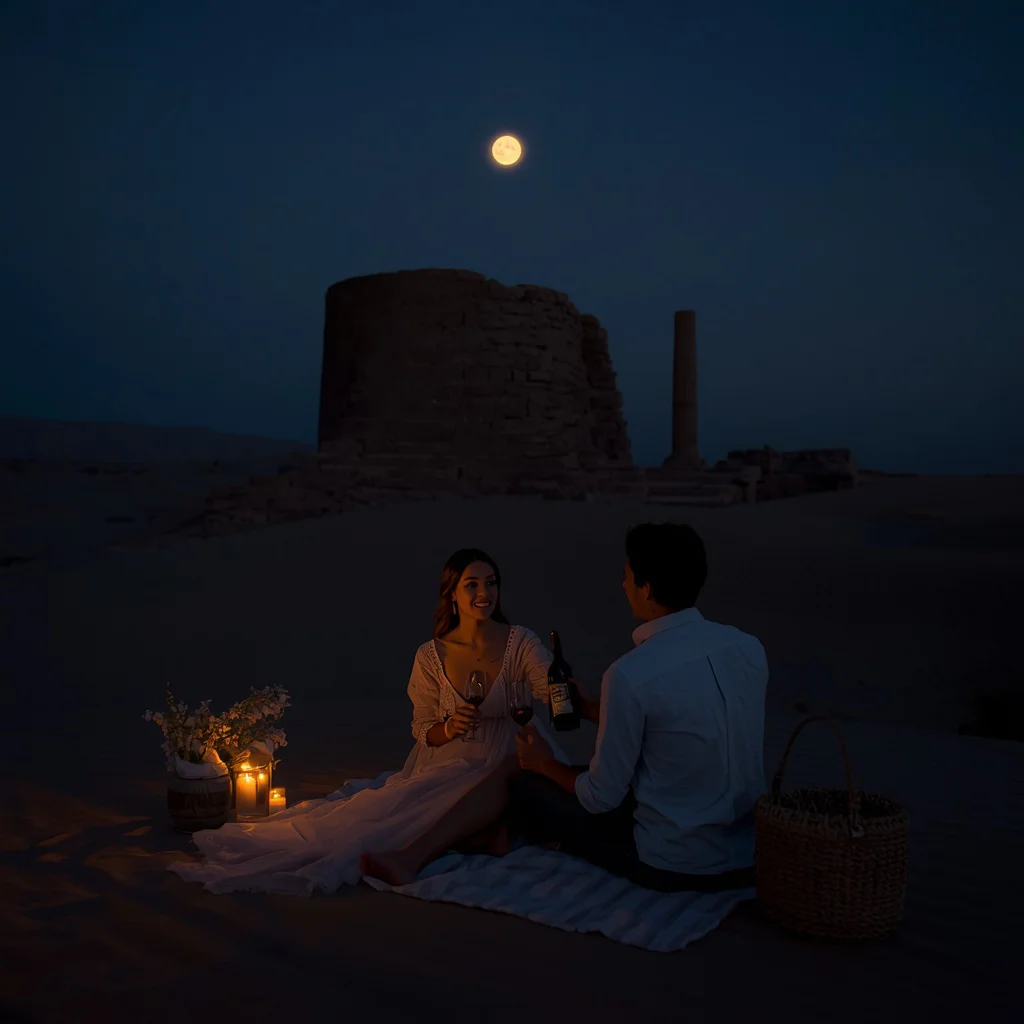 A Couple's Romantic Moonlight Picnic by an Ancient Ruin in the Desert — AI image prompt