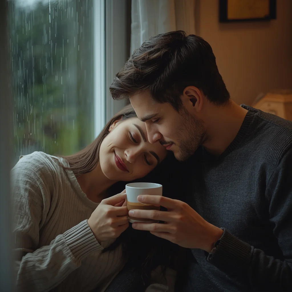 A Couple's Tender Moment Sharing a Cup of Coffee on a Rainy Day — AI image prompt