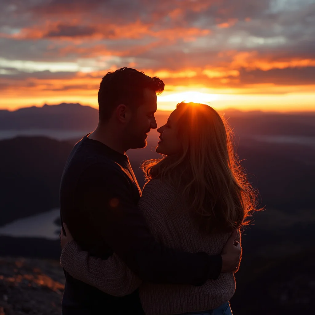 A Couple's Tender Moment Sharing a Sunset View from a Mountain Top — AI image prompt