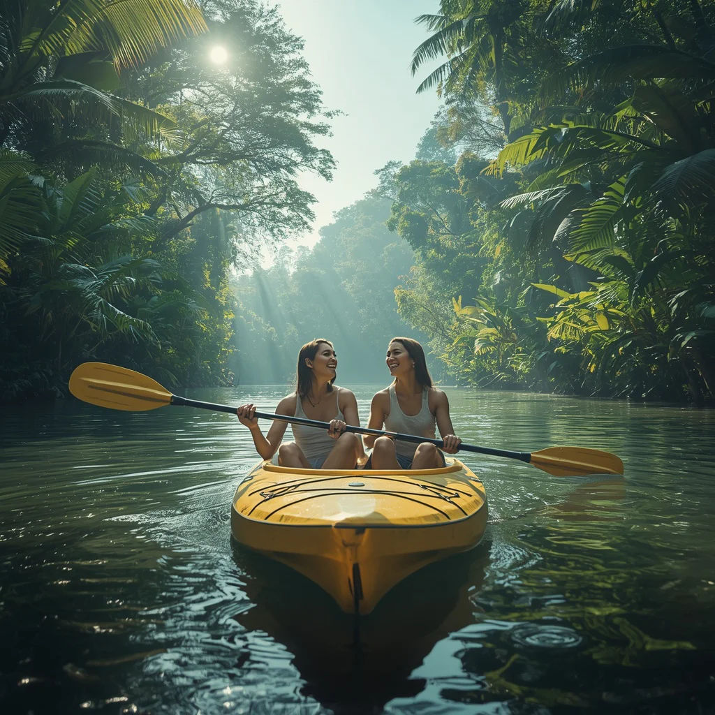 Romantic Couple's Joyful Kayaking on a Tropical River with Lush Jungle — AI image prompt